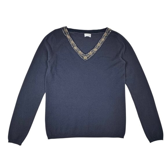 TSE Beaded Cashmere Sweater Sz L Gray  V-Neck Old Money Quiet Luxury Casual Chic - Picture 1 of 12